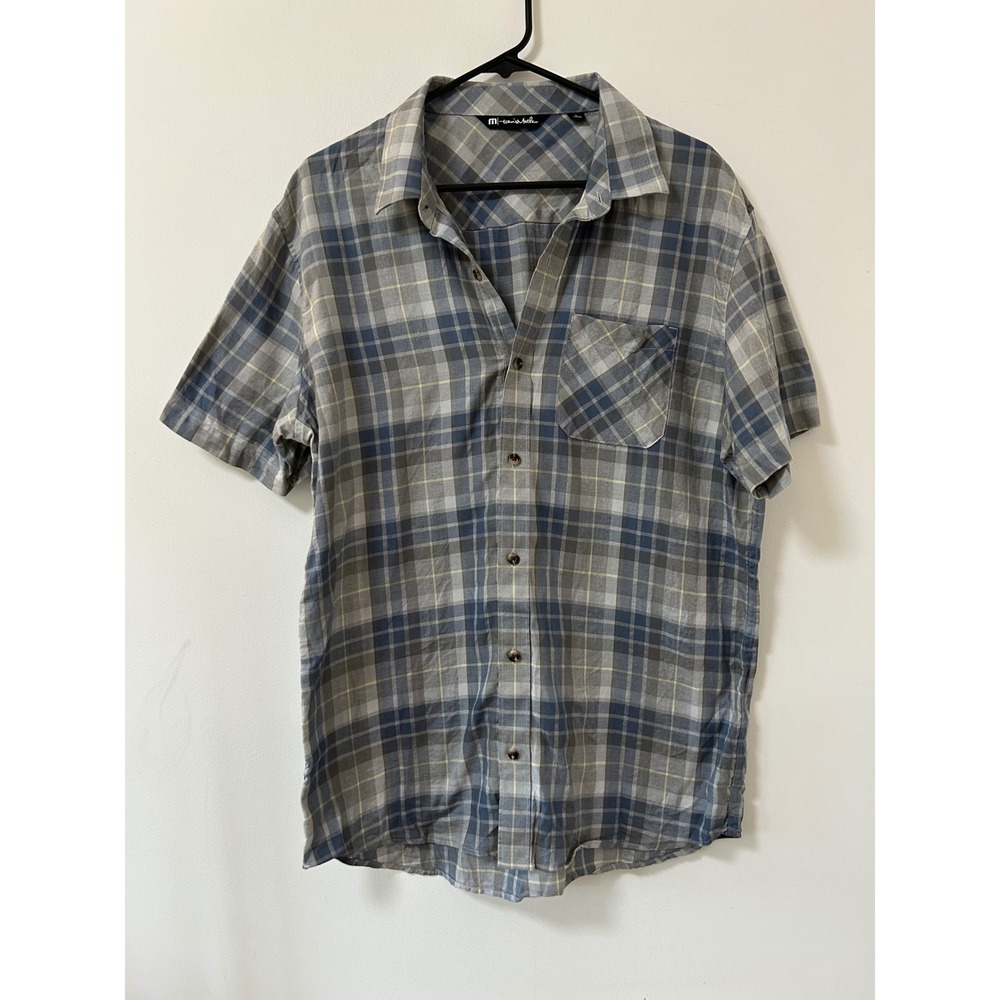 TravisMathew Mens Large Blue Grey Plaid Short Sleeve Button Down Cotton Shirt